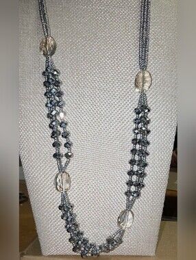 Vintage Faceted Crystal Metallic Rondelle & Smokey Oval Glass Station Necklace